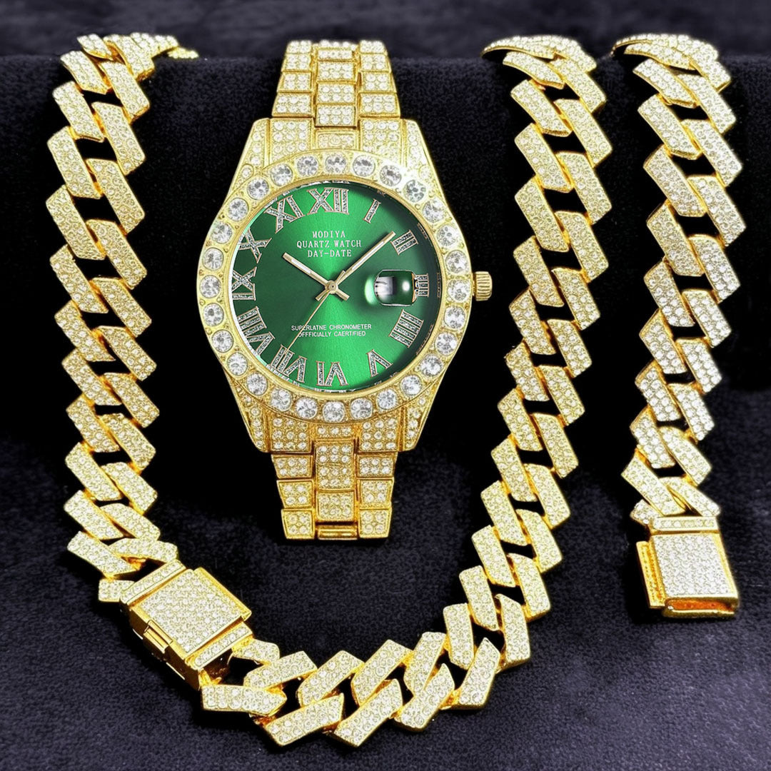 Diamond Cuban Chain Watch Bracelet Necklace Set