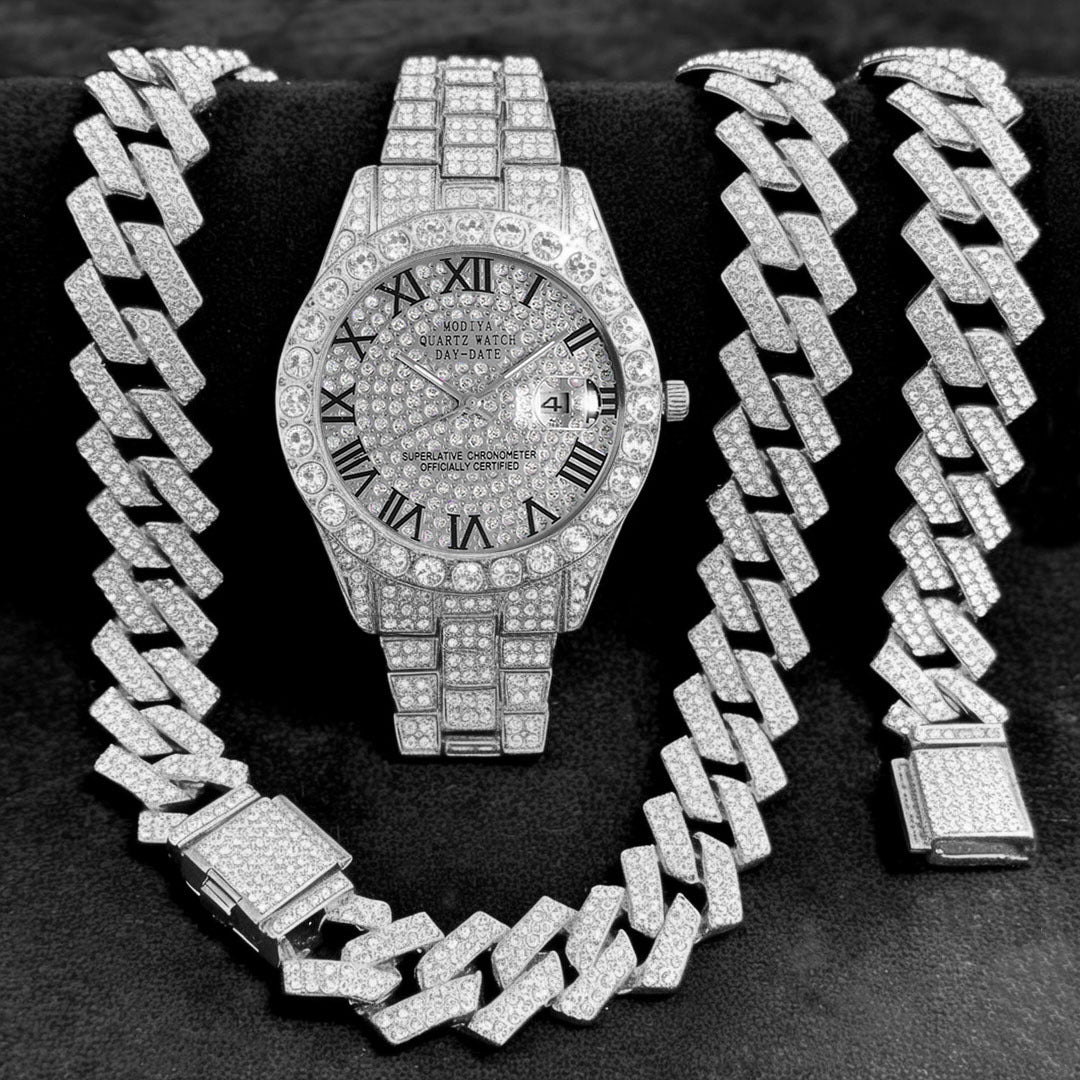 Diamond Cuban Chain Watch Bracelet Necklace Set