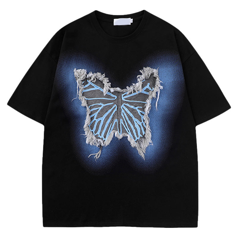 Butterfly denim patchwork short sleeve shirt