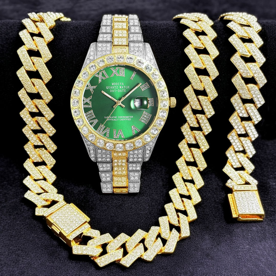 Diamond Cuban Chain Watch Bracelet Necklace Set
