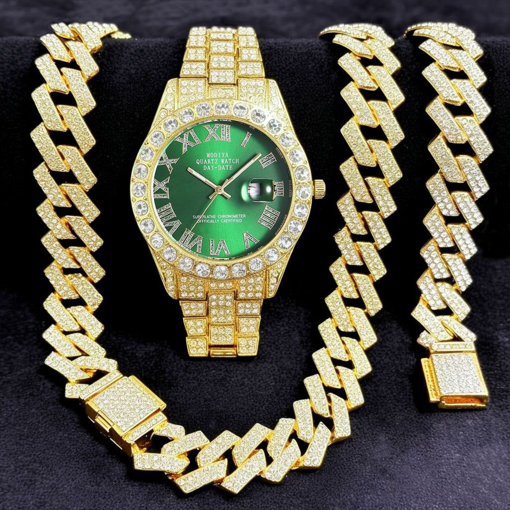 Diamond Cuban Chain Watch Bracelet Necklace Set