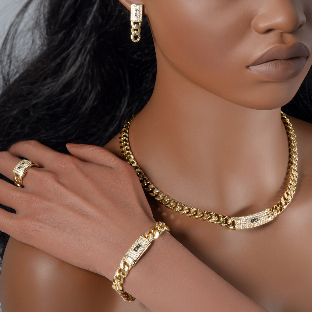 18K Gold Plated Cuban Chain Rhinestone Jewelry Set