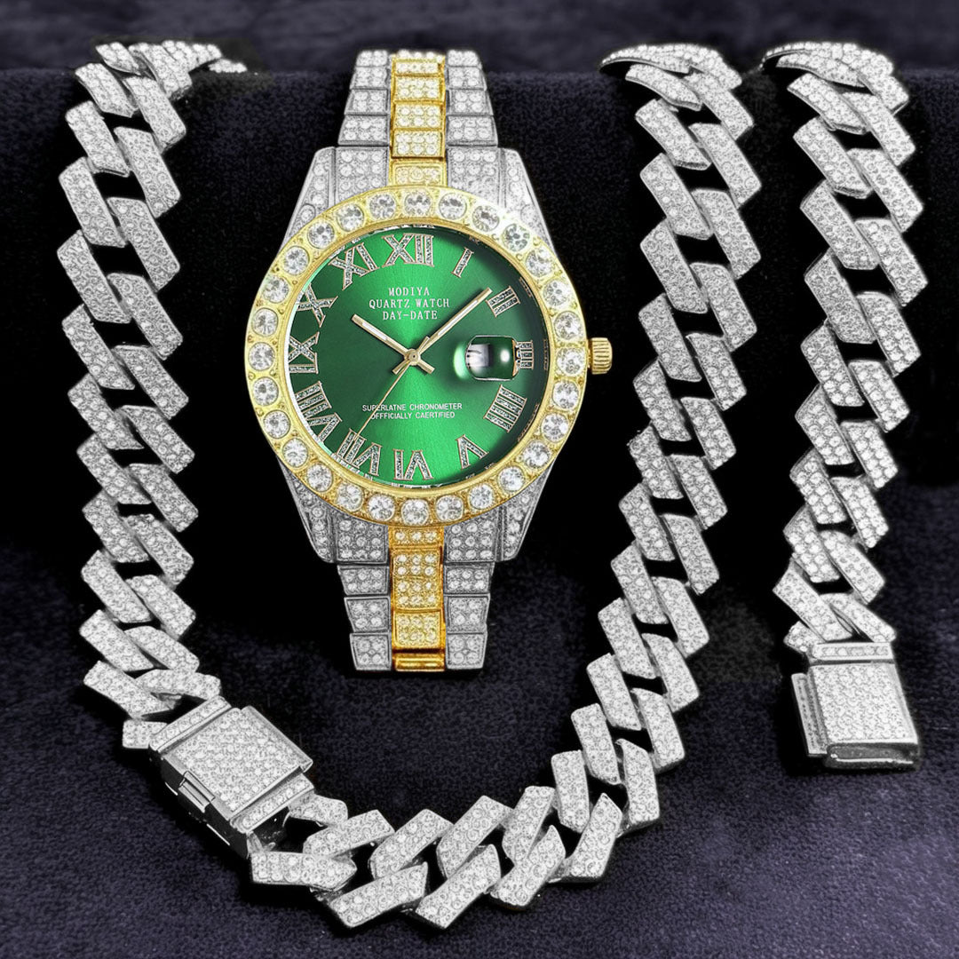 Diamond Cuban Chain Watch Bracelet Necklace Set