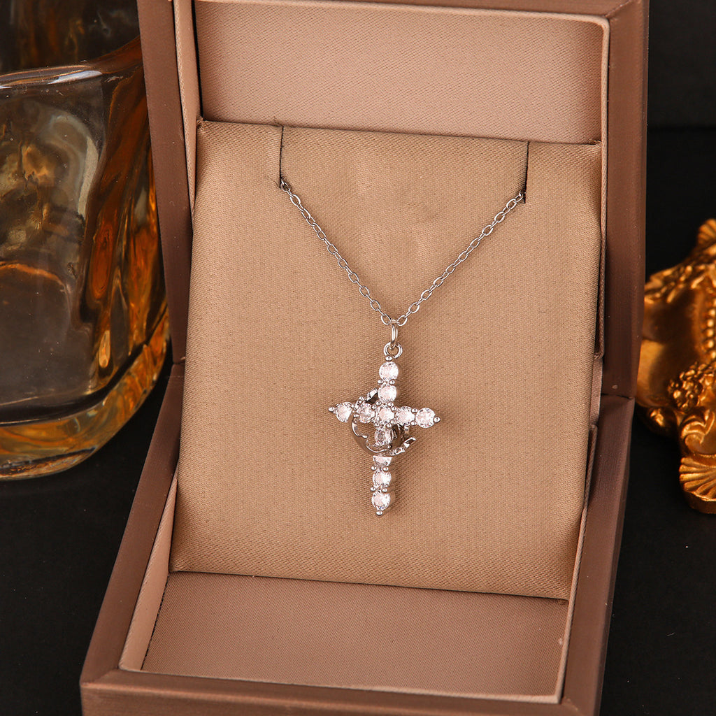Rotatable Crown Diamond Cross Necklace for Women