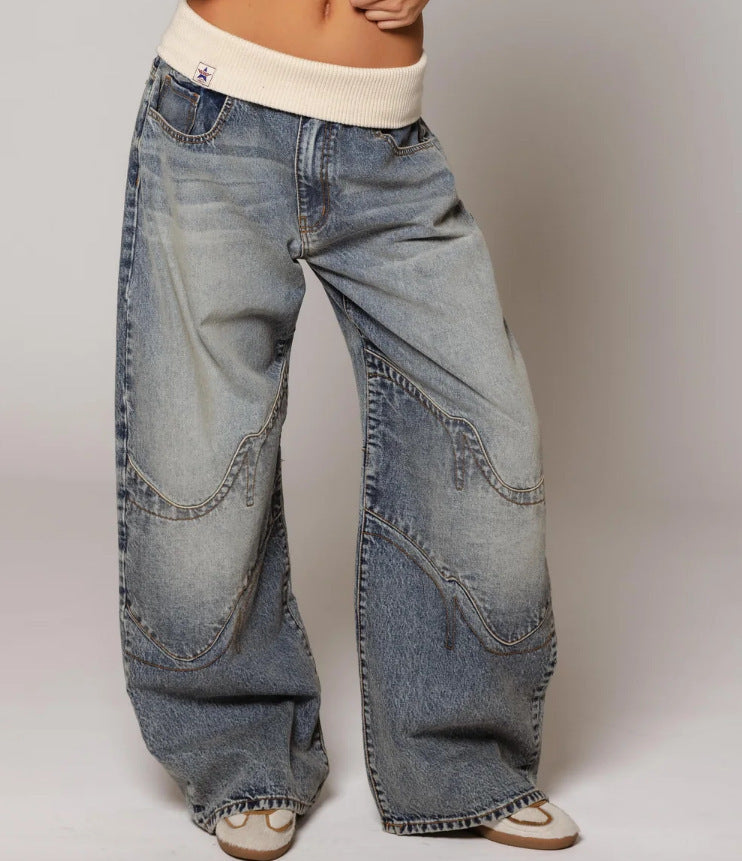 Retro Street Style Washed Blue Denim Jeans