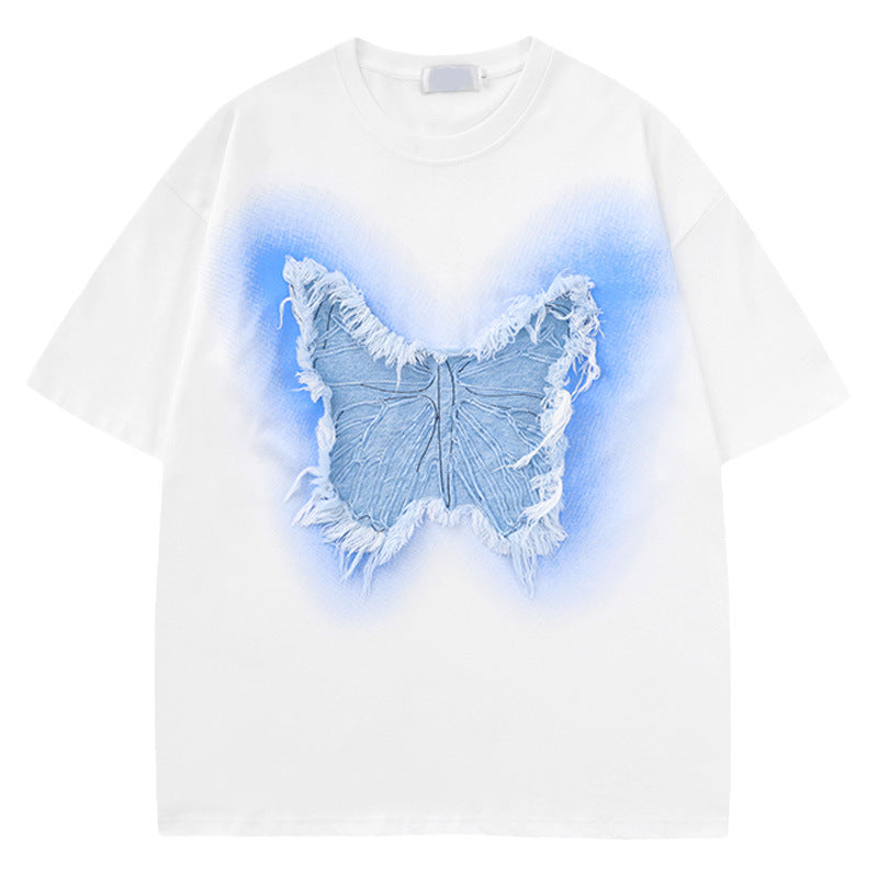 Butterfly denim patchwork short sleeve shirt
