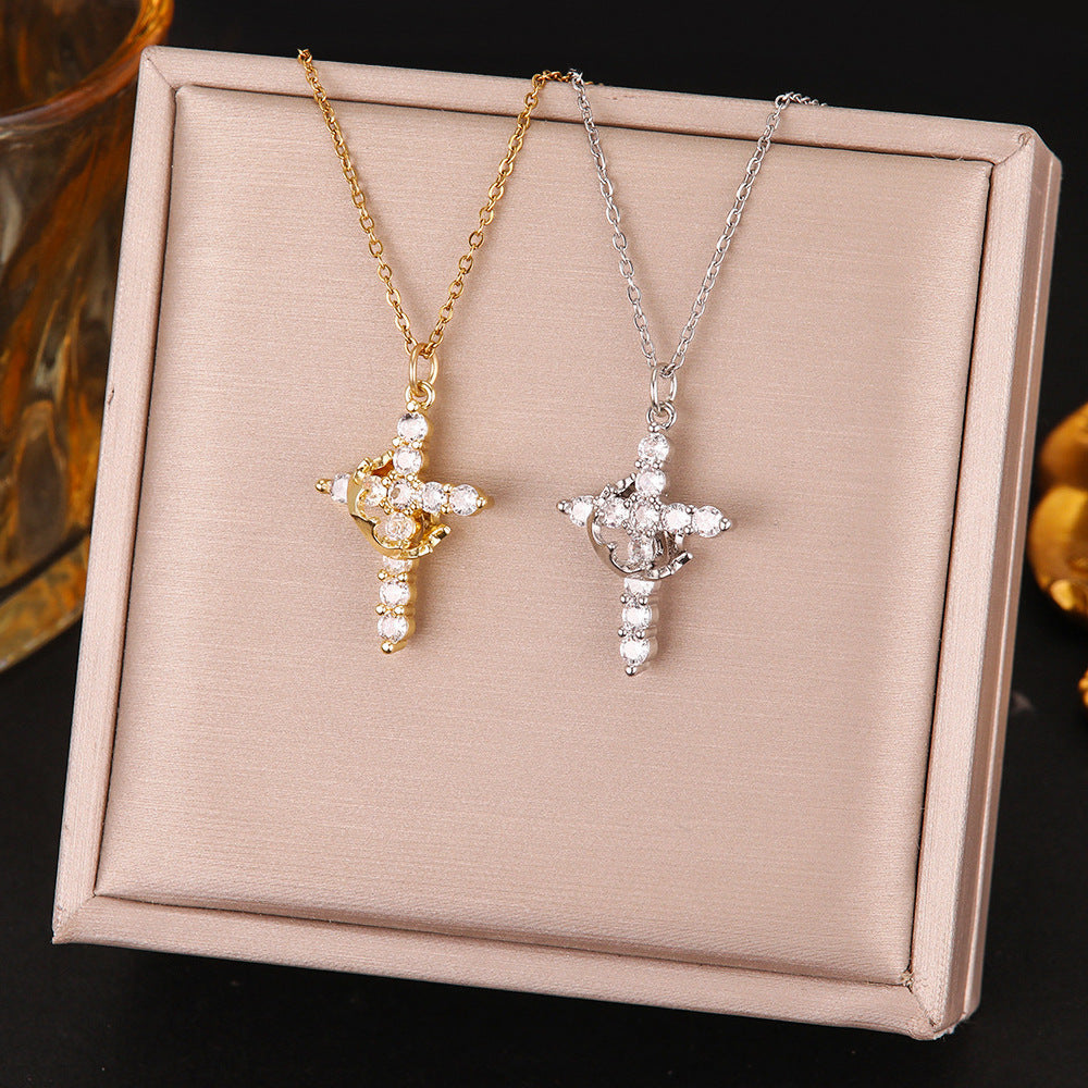 Rotatable Crown Diamond Cross Necklace for Women