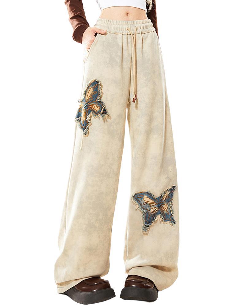 Butterfly embroidery straight-leg pants