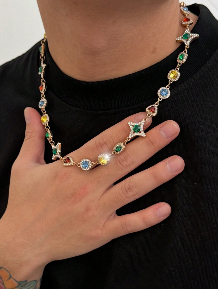 1pc Vintage Glamorous Multi-Color Rhinestone Star Necklace