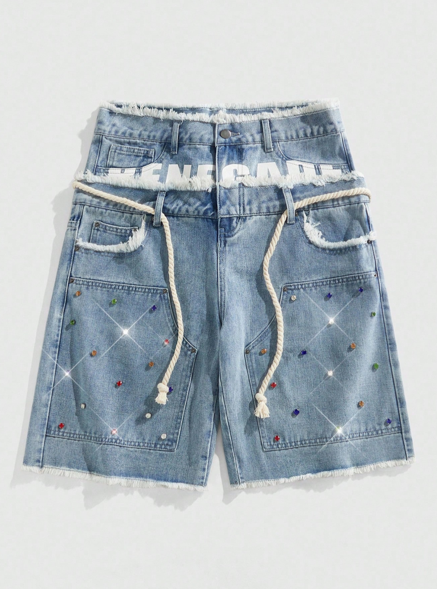 ROMWE MEN Street Life Men's Loose Fit Double Layer Waist Diamond Embellished Denim Shorts