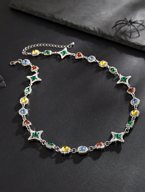 1pc Vintage Glamorous Multi-Color Rhinestone Star Necklace