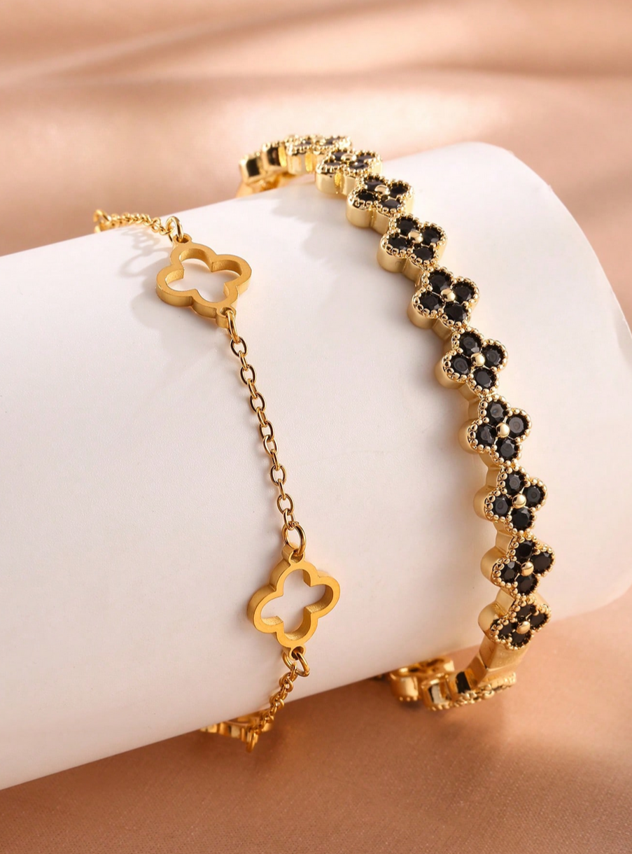 rakol 2pcs Fashion Four-Leaf Clover Cubic Zirconia Bracelet & Bangle Set For Women