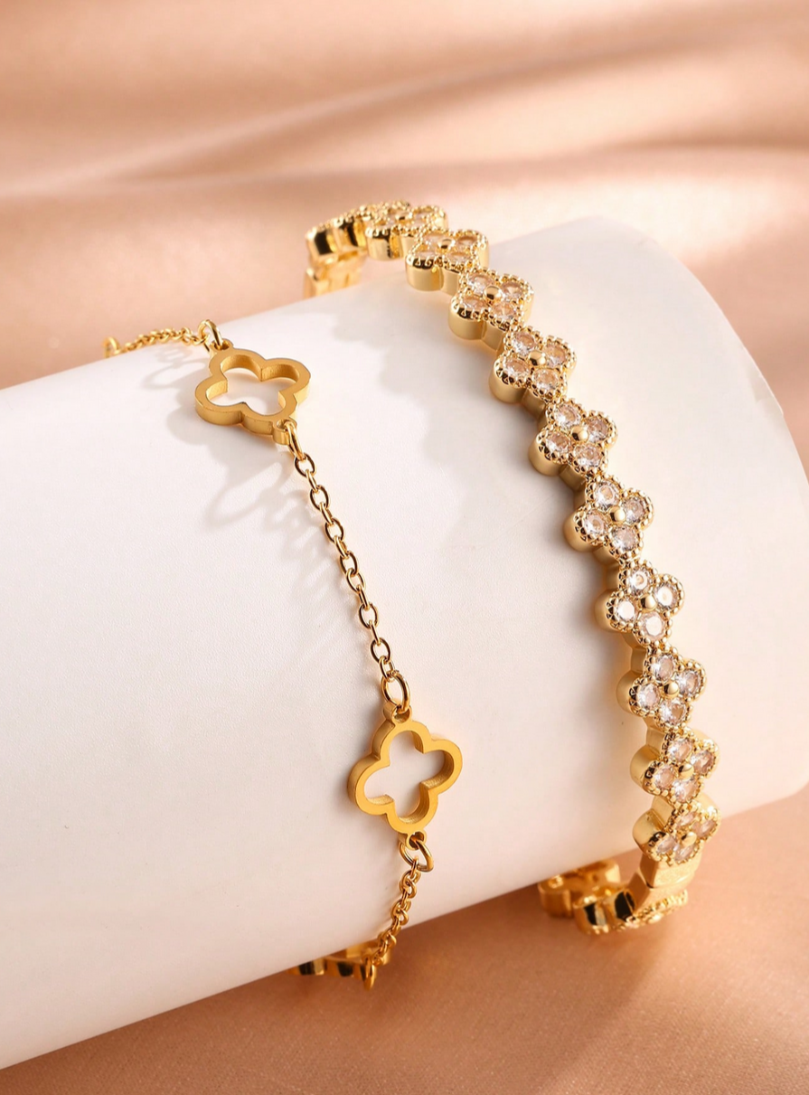 rakol 2pcs Fashion Four-Leaf Clover Cubic Zirconia Bracelet & Bangle Set For Women