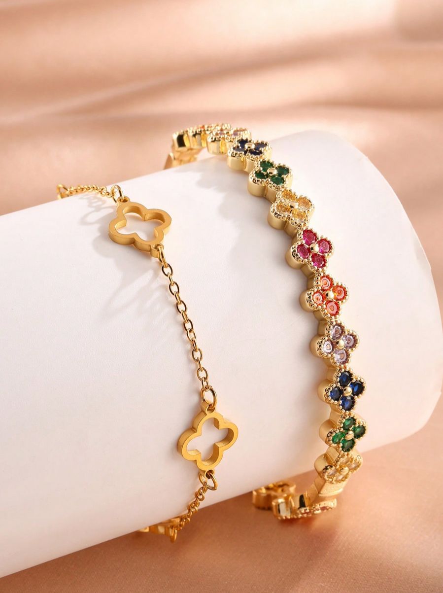 rakol 2pcs Fashion Four-Leaf Clover Cubic Zirconia Bracelet & Bangle Set For Women