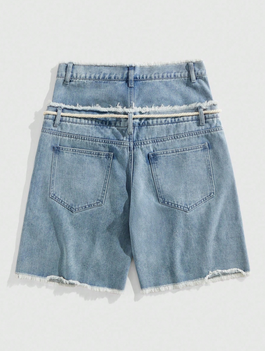 ROMWE MEN Street Life Men's Loose Fit Double Layer Waist Diamond Embellished Denim Shorts