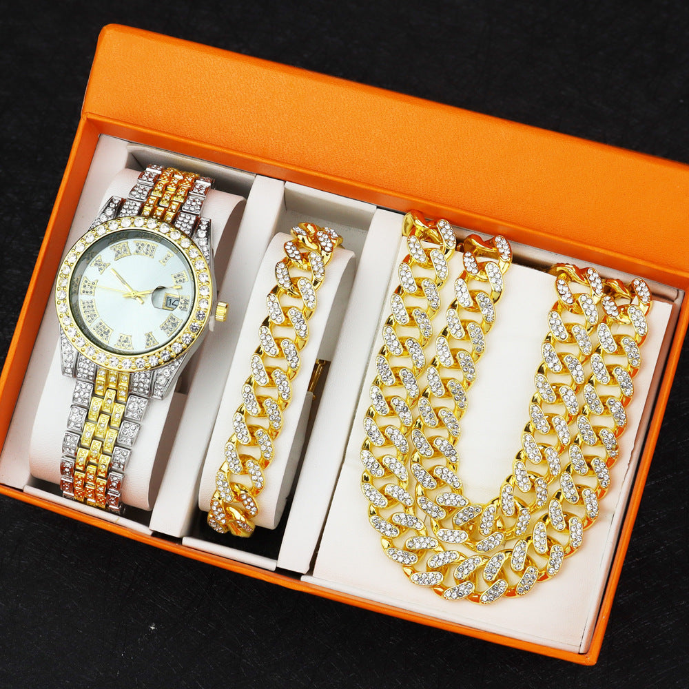 Hip Hop Quartz Watch with Cuban Bracelet and Necklace Set