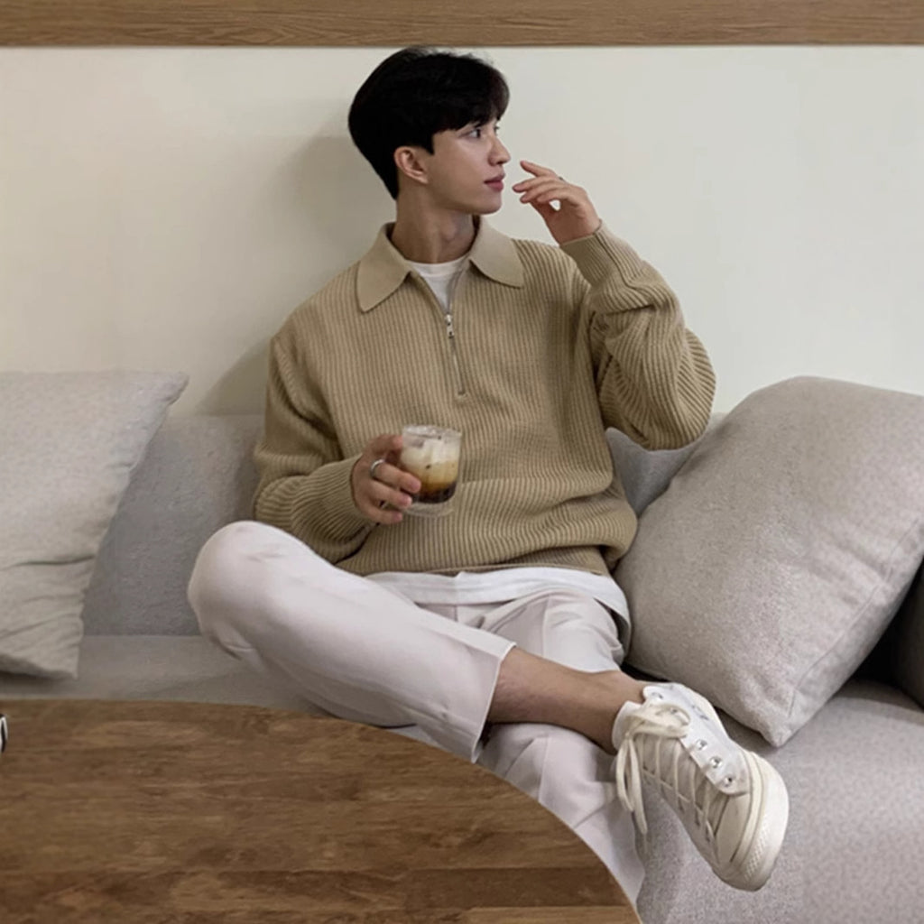 Half Zip Knit Sweater Men Retro Loose Fit Casual Pullover