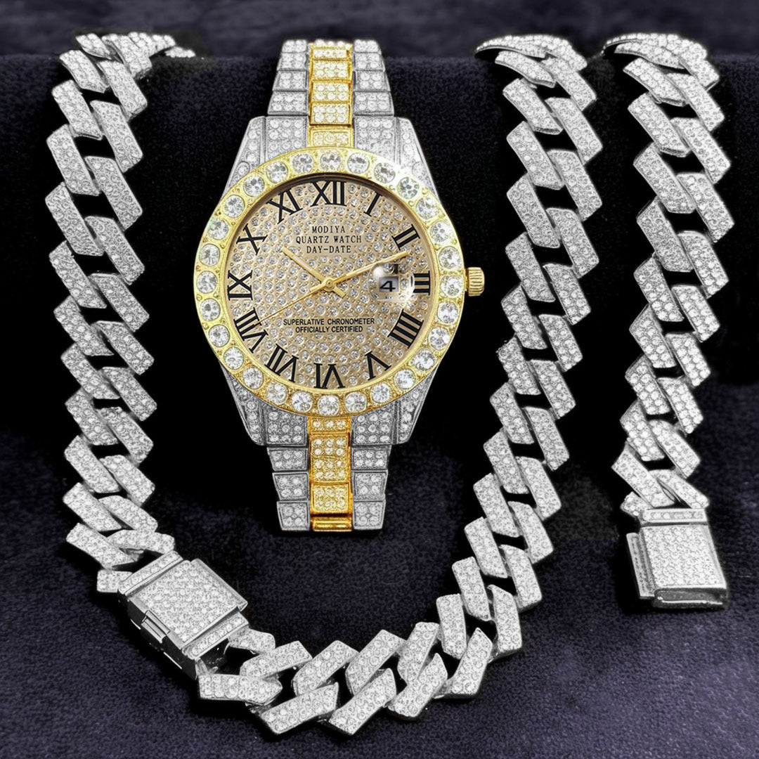 Diamond Cuban Chain Watch Bracelet Necklace Set