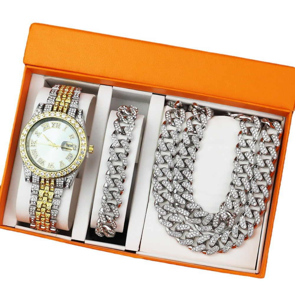 Hip Hop Quartz Watch with Cuban Bracelet and Necklace Set