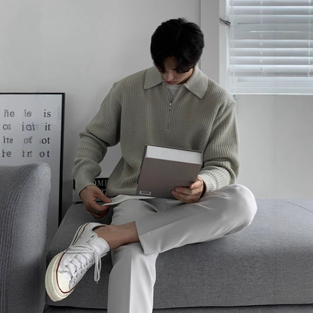 Half Zip Knit Sweater Men Retro Loose Fit Casual Pullover